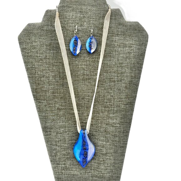 Handcrafted Fused Glass Necklace Earrings Set Blue Abstract Design Sheer Ribbon - Picture 1 of 13